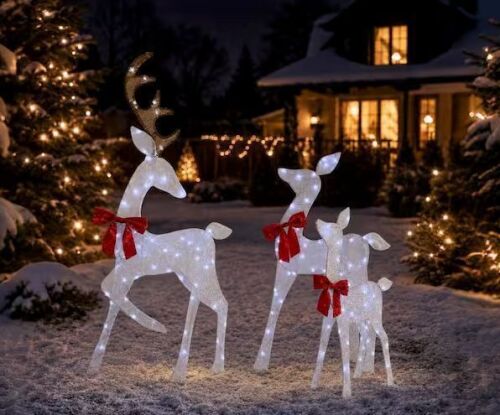 Starfree 3-Pieces Outdoor Christmas Decoration Reindeer Family Yard Decoration with Cool White LED Lights