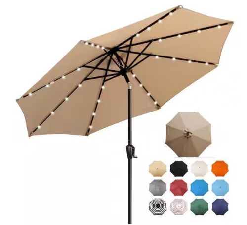Sun-Ray 9 ft. Steel Market Solar Lighted 8-Rib Round Patio Umbrella in Taupe