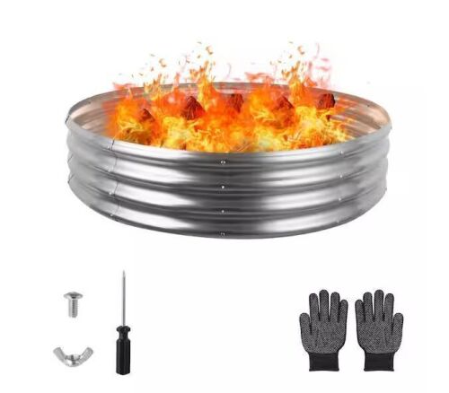 48 in. Round Fire Pit Ring Galvanized Steel Rust Resistant Silver