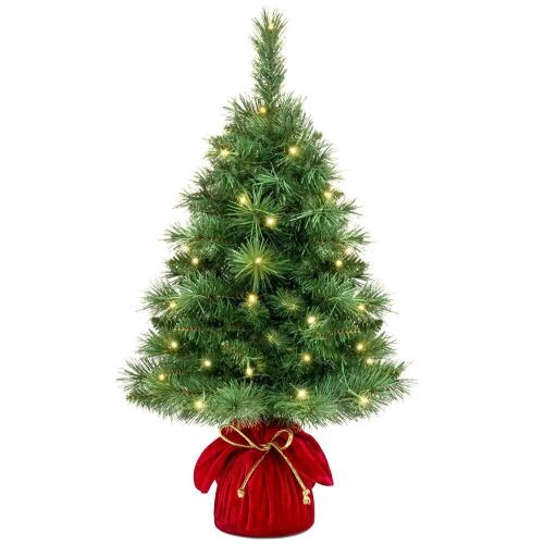 24" Pre-Lit Tabletop Christmas Tree w/ Red Velvet Cover & Gold Cord