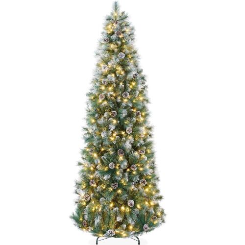 7.5' Pre-Lit Artificial Frosted Scotch Pine Pencil Christmas Tree w/ Metal Stand