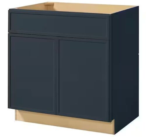 Hampton Bay Leyton 33 in. W x 24 in. D x 34.5 in. H Ready to Assemble Plywood Slim Shaker Sink Base Kitchen Cabinet in Ink Blue