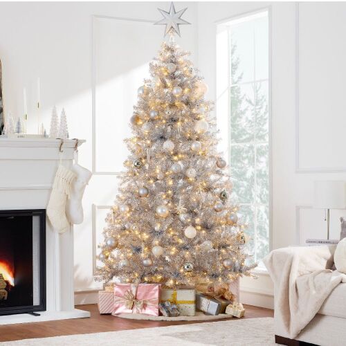 7.5' Artificial Tinsel Christmas Tree with Viral Twinkling Lights, PreLit Pine