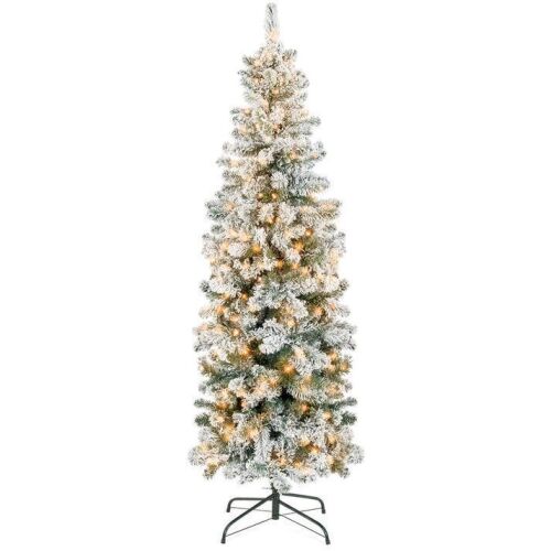 7.5' Artificial Pencil Christmas Tree w/ Twinkling Lights, Flocked Pre-Lit Pine