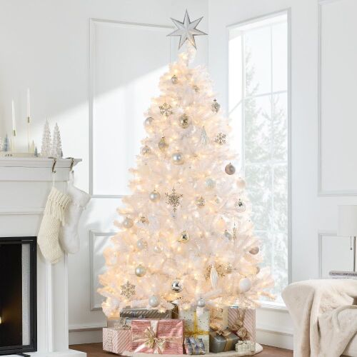 7.5' Prelit White Artificial Tinsel Christmas Tree w/ Foldable Stand