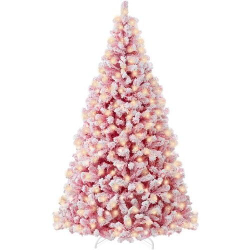 7.5' Prelit Pink Christmas Tree, Snow Flocked Full Holiday Decor w/ Metal Base