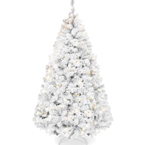 7.5' Pre-Lit White Snow Flocked Artificial Pine Christmas Tree w/ 2-in-1 Lights