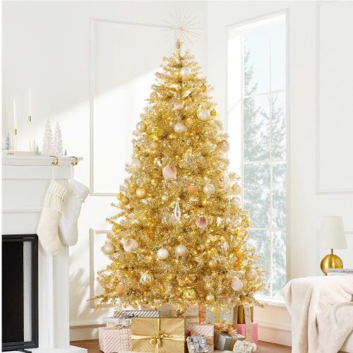7.5' Artificial Tinsel Christmas Tree with Viral Twinkling Lights, Pre-Lit Pine