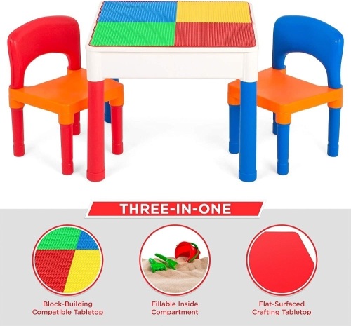 3-in-1 Kids Activity Recreational Play Table Set w/ Storage Compartment, 2 Chairs - Lot 980