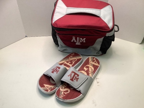 ATM Insulated Cooler, and aTM Size XL Slides, Black mark on toe, New/Cosmetic Damage - Lot 302