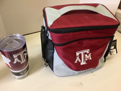 ATM Collegiate Logo Cup and Cooler, Ecommerce Return/Appears New, Long strap missing on bag - Lot 317