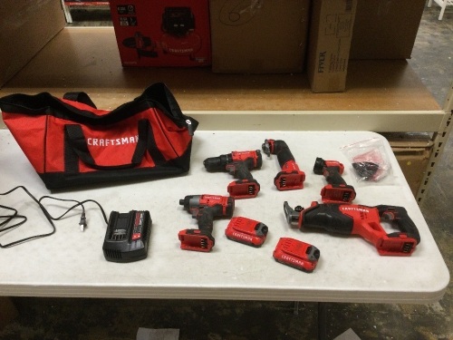 Craftsman 20V 5-Tool Set. Working Condition. Includes: Drill, Impact, Light, Reciprocating Saw, Multi-Tool, (2) Batteries, Charger, and Bag - Lot 55