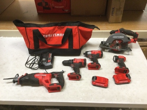 Craftsman 20V 5-Tool Set. Working Condition. Includes: Circular Saw, Drill, Impact, Light, Reciprocating Saw, (2) Batteries, Charger, and Bag - Lot 78