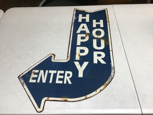 Vintage Metal "Happy Hour" Arrow Signage. Appears New - Lot 303
