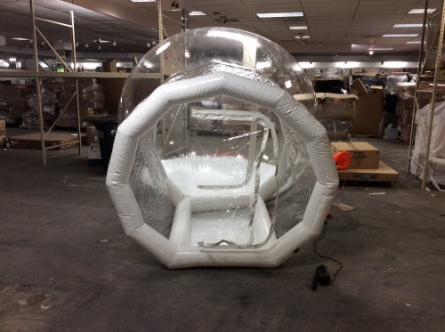Inflatable Dome with Blower and Pump. Approx, 8-1/2 ft. tall x 8 ft. wide x 13 ft. long. Zipper on Air Lock door is Jammed. E-Commerce Return - Lot 420