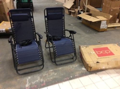 Set of 2 Adjustable Zero Gravity Patio Chair Recliners w/ Cup Holders. Appears New With Damage. See Pictures  - Lot 656
