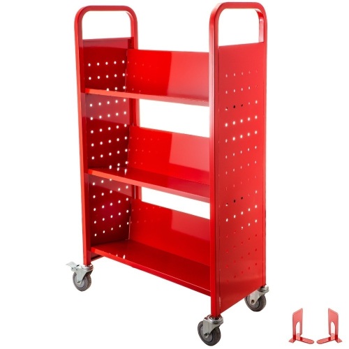 Book Cart Library Cart 200lb With Single Sided V-shaped Sloped Shelves In Red. Appears New with Cosmetic Damage - Lot 815