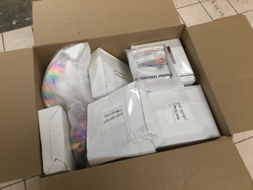 Unicorn Birthday Party Lot - (12) Birthday Boxes w/ Cups, Plates & Piñata & Girls Hair Tie Kit. Appears New - Lot 819