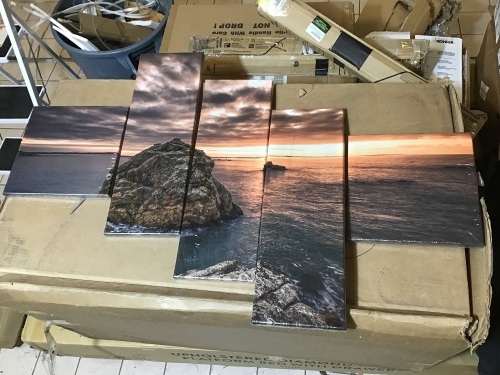 Ocean Sun in the Horizon (5) Panel Canvas Wall Art, Ready to Hang, 1" Deep, Waterproof, Large.  - Lot 822