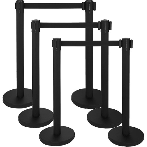 6Pcs Queue Barrier Posts Stainless Steel Poles Retractable Black Belt, New with 1 Broken Base Weight - Lot 855