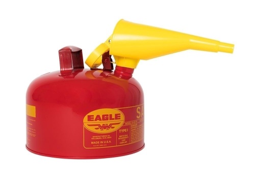 Eagle UI-25-FS Type I Metal Safety Can w/ F-15 Funnel, 11-1/4" W x 10" D, 2-1/2 Gallon Capacity, Red. Appears New. - Lot 878