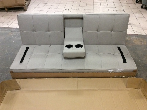 Linen Upholstered Convertible Sofa Bed Futon w/ 2 Cupholders. E-Commerce Return. Missing Screw. See Pictures - Lot 900
