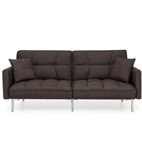 Convertible Linen Tufted Futon w/ 2 Plush Pillows, Split-Back Design - Lot 77