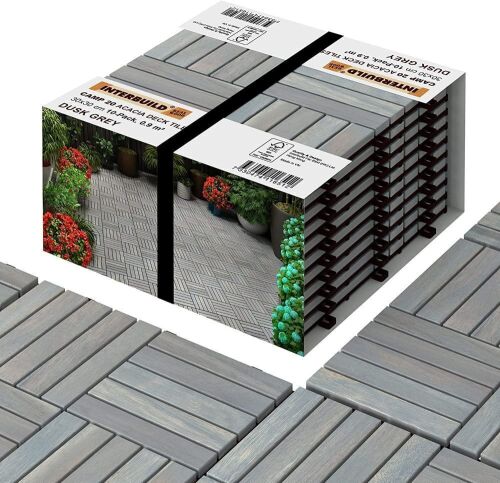 Interbuild Acacia Hardwood Interlocking Patio Deck Tiles, 12" × 12", Dusk Grey, 10 Pack - Lot 553