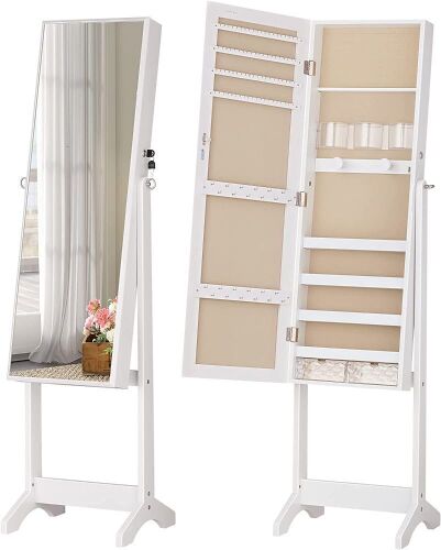 LUXFURNI Standing Full Mirror Lockable Armoire, Large Cosmetic Storage Organizer w/ Brush Holder  - Lot 399