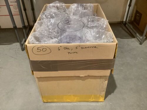 Lot of (50) Clear Plastic Cylinder Vases, 6" Tall, 5" Diameter  - Lot 649