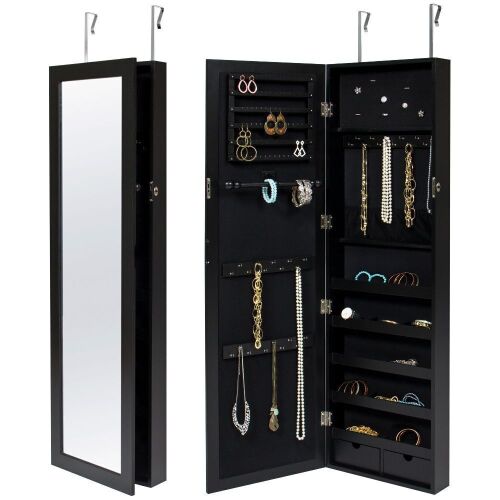 Mirrored Lockable Jewelry Cabinet Armoire Organizer with Door Hanging Hooks and Wall Mount - Lot 528