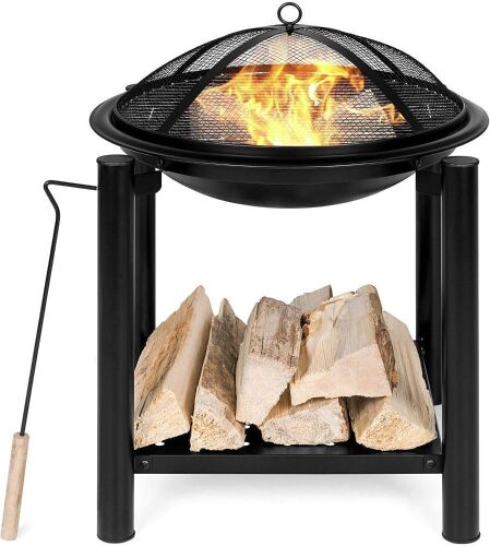 21.5-inch Outdoor Fire Pit Bowl Table w/Shelf, Fire Spark Guard, Log Grate, Poker, Water-Resistant Cover - Lot 547