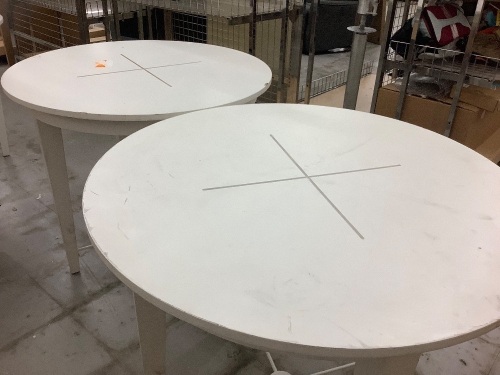 Lot of (2) Display tables, Stickers stuck to tops, Used - Lot 243