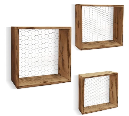 Set of 3 Happy Home Wooden Chicken Wire Floating Shelves, New - Lot 134G