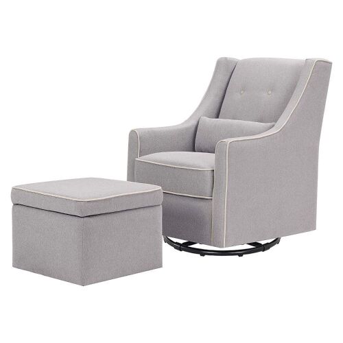 DaVinci Owen Upholstered Swivel Glider with Side Pocket and Storage Ottoman in Grey with Cream Piping - Lot 37