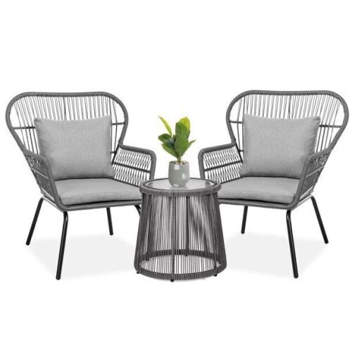 3-Piece Patio Wicker Conversation Bistro Set w/ 2 Chairs, Glass Top Table - Lot 64