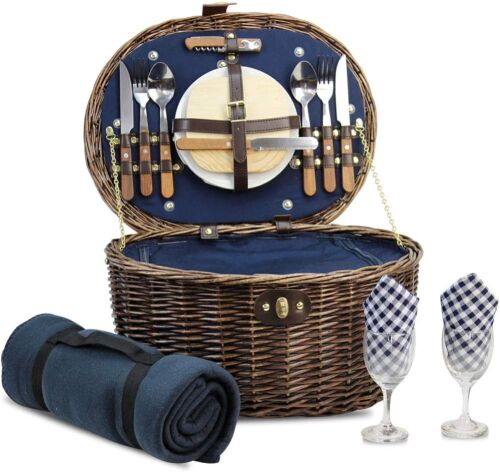 HappyPicnic Unique Natural Wicker Willow Picnic Basket for 2 Persons with Service Set and Insulated Cooler Bag - Lot 432