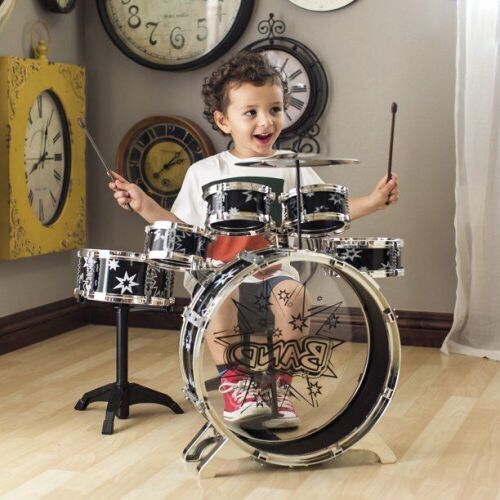 11-Piece Kids Starter Drum Set w/ Bass Drum, Tom Drums, Snare, Cymbal, Stool, Drumsticks - Lot 834