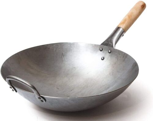 Craft Wok Traditional Hand Hammered Carbon Steel Pow Wok with Wooden and Steel Helper Handle, 14 Inch, Round Bottom - Lot 910